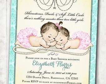 Twin Girls Baby Shower Invitation for baby girls Pink & Aqua vintage antique french baby shower, Printable, PROOFS IN 24 HOURS