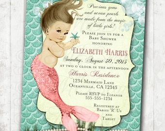 Mermaid Baby Shower Invitation Little Mermaid Ocean Baby Shower Under The Sea Coral and Mint seafoam green - DIY Printable