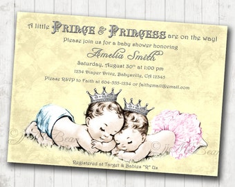 Twins Baby Shower Invitation boy girl twins - Vintage - princess and prince - DIY Printable