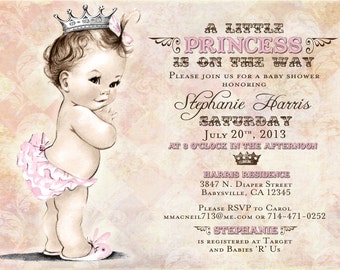 Vintage Baby Shower Invitation For Girl - Princess - Crown - Pink - Stephanie Collection - DIY Printable