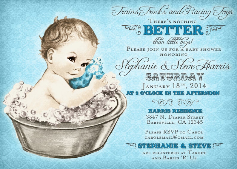 Puede incluir: Una invitaci&oacute;n a una fiesta de bienvenida al beb&eacute; con una ilustraci&oacute;n de dibujos animados de un beb&eacute; en una ba&ntilde;era. La invitaci&oacute;n es para Stephanie y Steve Harris el s&aacute;bado 18 de enero de 2014 a las 3 de la tarde. La invitaci&oacute;n incluye la direcci&oacute;n del evento e informaci&oacute;n sobre d&oacute;nde est&aacute; registrado la pareja.