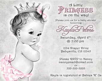Vintage Baby Shower Invitation For Girl - Princess - Crown - Rosa y Gris - Rosa y Gris - DIY Imprimible