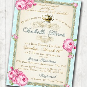 Tea Party Baby Shower Tea Party Invitation - Floral, Vintage, Pink, Aqua, Gold, Roses - DIY Printable