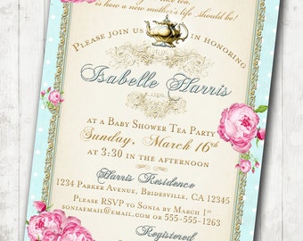 Tea Party Baby Shower Tea Party Invitation - Floral, Vintage, Pink, Aqua, Gold, Roses - DIY Printable