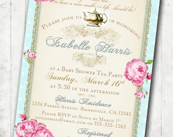 Tea Party Baby Shower Tea Party Invitation - Floral, Vintage, Pink, Aqua, Gold, Roses - DIY Printable