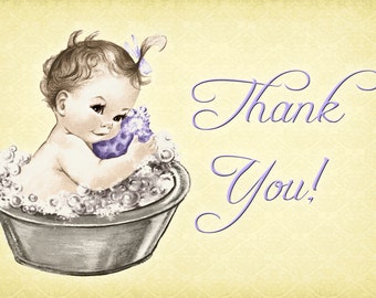 Vintage Baby Shower Invitation For Girl - Baby Bath - Yellow & Lavender - DIY Printable - Matching Thank You Card