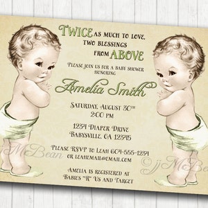 Twins Baby Shower Invitation Gender Neutral - Vintage - DIY Printable