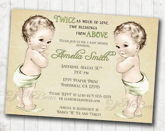 Twins Baby Shower Invitation Gender Neutral - Vintage - DIY Printable