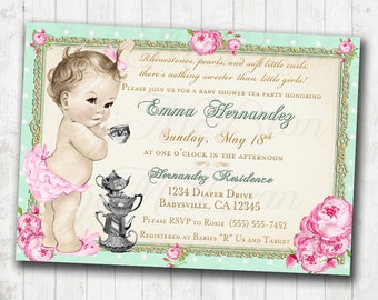 Baby Shower Tea Party Invitation - Mint and Pink Shabby Chic Floral Vintage Baby Shower Invitation For Girl - DIY Printable