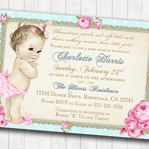 Girl Baby Shower Invitation Shabby Chic Floral Vintage Baby Shower Invitation For Girl - roses and gold - DIY Printable