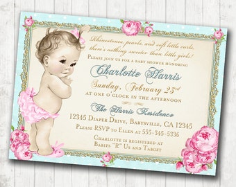 Girl Baby Shower Invitation Shabby Chic Floral Vintage Baby Shower Invitation For Girl - roses and gold - DIY Printable