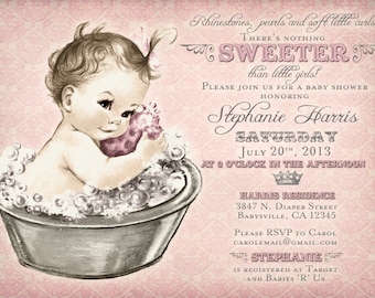 Vintage Baby Shower Invitation For Girl - Baby Bath - Pink - DIY Printable