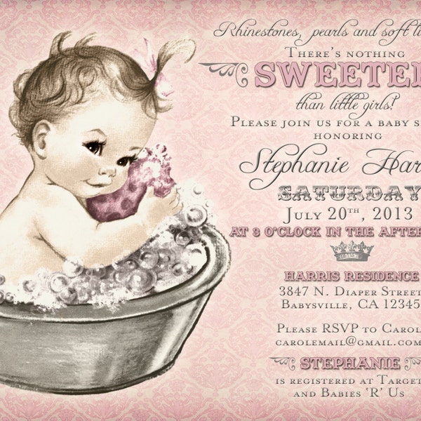 Vintage Baby Shower Invitation For Girl - Baby Bath - Pink - DIY Printable