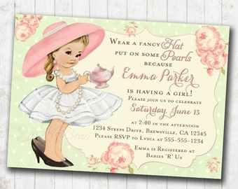 Tea Party Baby Shower Invitation For Girl Birthday Tea Party - Mint and Coral - Roses - Pink -DIY Printable