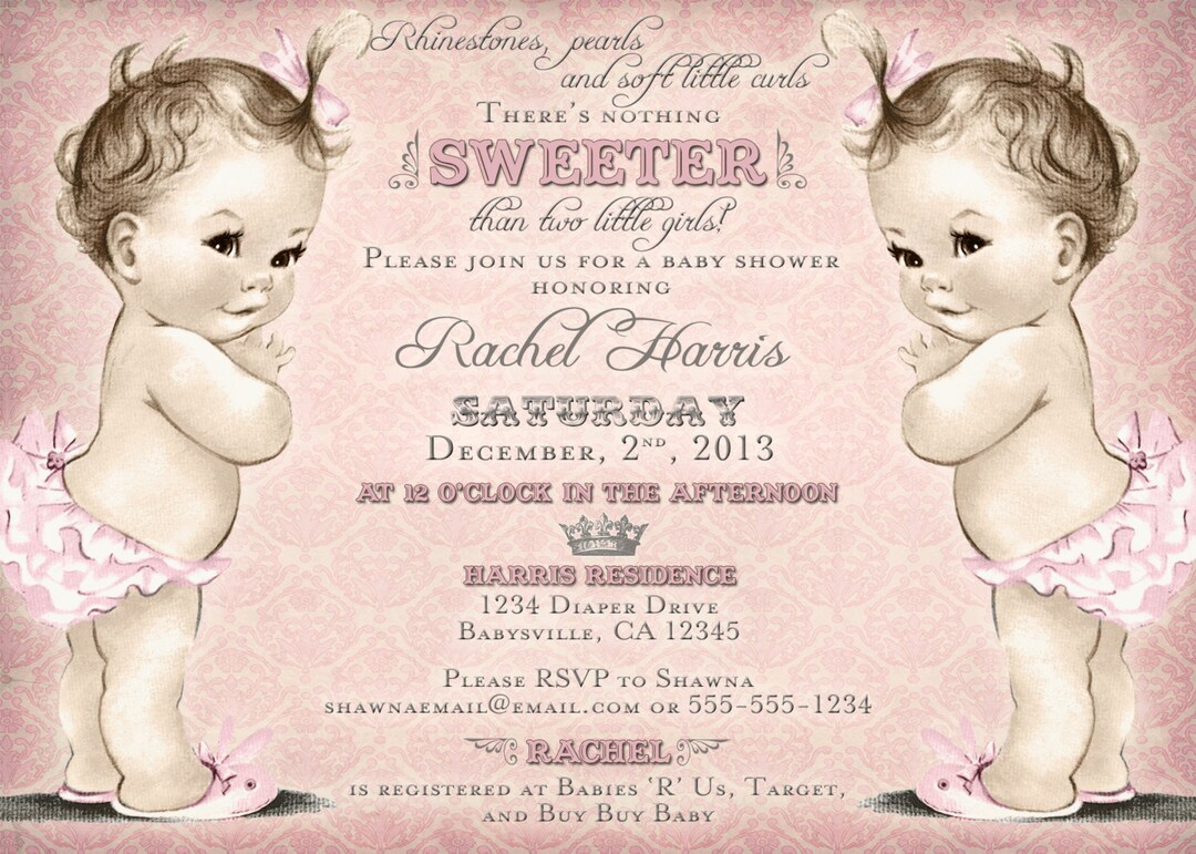 Twins Baby Shower Invitation for Twin Girls Vintage Princess Crown Pink