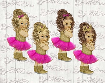 Tutu Hot Pink and Gold Baby in boots Curly crown clipart jjmcbean png instant download