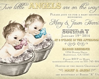 Coed Baby Shower Invitation For Twins - Vintage - DIY Printable