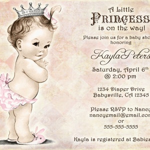 Vintage Baby Shower Invitation For Girl - Princess - Crown - Pink - DIY Printable