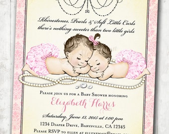 Twin Girls Baby Shower Invitation for baby girls Pink vintage antique french baby shower -  DIY Printable