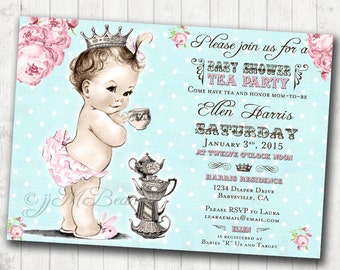 Invitación a baby shower de niña Princess Girl Tea Party Invitación de baby shower para niña - Floral Shabby Chic - DIY Imprimible