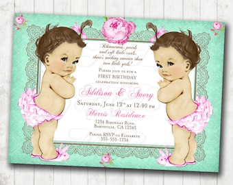 Twins Birthday Invitation For Twin Girls - Vintage - Floral - Shabby Chic - DIY Printable