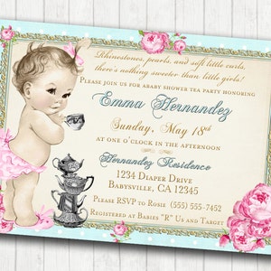 Baby Shower Tea Party Invitation - Shabby Chic Floral Vintage Baby Shower Invitation For Girl -Roses & Gold- DIY Printable