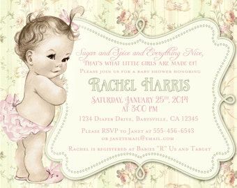 Shabby Chic Floral Vintage Birthday or Baby Shower Invitation For Girl - Soft Pink and Green - DIY Printable