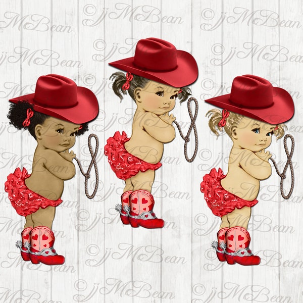 Cowgirl Baby girl clip art illustration baby cowgirl with cowboy boots and cowboy hat 3 skin tones png instant download clipart
