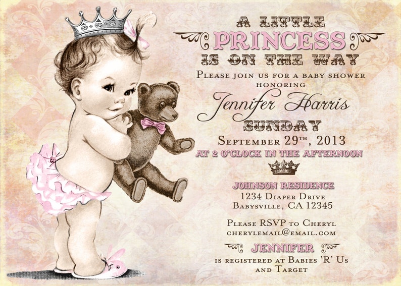 Teddy Bear Baby Shower Invitation for Girl Princess Crown Pink DIY
