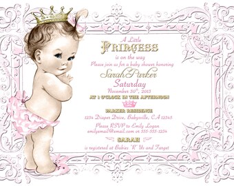 Vintage Baby Shower Invitation For Girl - Princess - Crown - Rosa y oro - DIY Printable