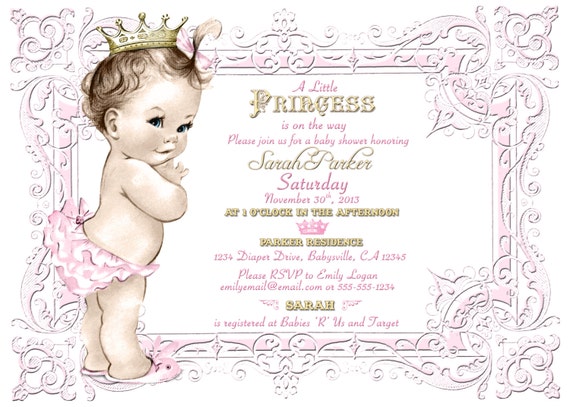 Vintage Baby Shower Invitation For Girl Princess Crown Pink Vintage Baby Shower Invitation For Girl Princess Crown Pink