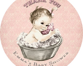 Favor Tag - Vintage Baby Shower Invitation For Girl - Baby Bath - Pink - DIY Printable- Customizable Favor Tag