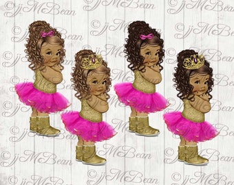 Tutu Hot Pink and Gold Baby in boots Curly African American clipart jjmcbean png instant download