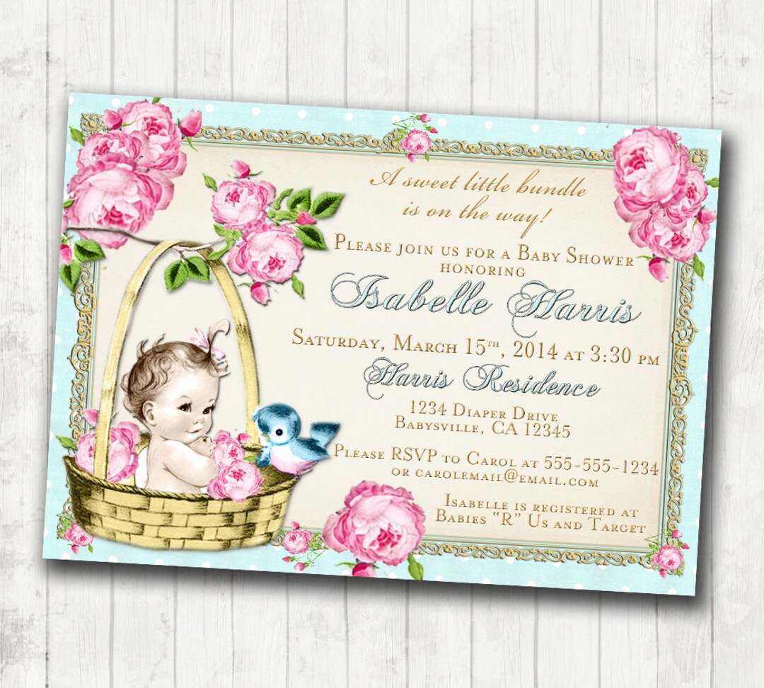 Baby Shower Invitation for Girl Baby Shower Invitation Floral, Vintage