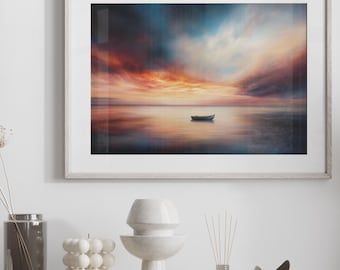 Afdrukbare muurkunst kustboot | Digitale download zonsondergang zeegezicht