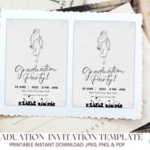 Graduation Invitation Black & White Illustrated Design | Modern Canva Template