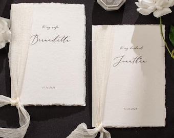 Personalized Deckled Edge Wedding Vow Booklets D3 - Set of 2, Vow Books w/ Ribbon, Vow Renewals, To My Husband Wife, Custom Names Date, 5x7&quot;