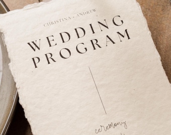 Printed Deckled Edge Wedding Ceremony Program - Customizable and Printed on Flat 100% Raw Handmade Cotton Thick Paper Cards, Ivory, 4x9.25"