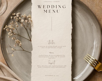 Printed Deckled Edge Wedding Menu - Customizable Thick Raw 100% Cotton Paper for Wedding Reception, Bridal Shower, Engagement Party, 4x9.25"