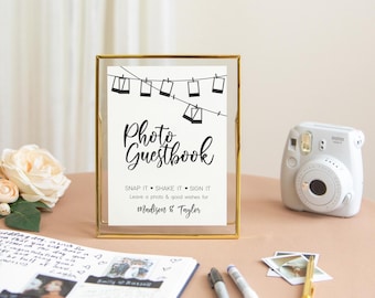 Paper Sign with Gold Frame (Design 2) - Snap It Shake It Sign Our Guest Book Sign for Wedding Reception Personalized Photo Guestbook Sign