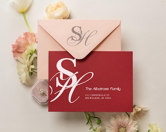 A7 envelope address printing (d8) - monogram with white or black ink custom wedding guest invitation navy green return envelopes personalize