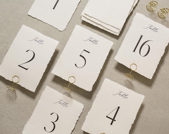 Deckle Edge Table Numbers  -  Ready to Ship with Optional Stands, Wedding Reception Event Signage, Minimalist Table Setting, 5x7