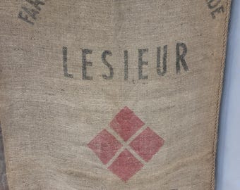 Saco de grano de arpillera agrícola francés original de época.