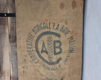 Saco de grano de arpillera agrícola francés original de época.