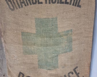 Saco de grano de arpillera agrícola francés original de época.