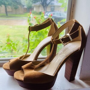 Camel Suede Heels - Etsy L.A.M.B. Womens Tan Suede Slingback Peep Toe Platform Wedge Heels Size 6.5M main image 0