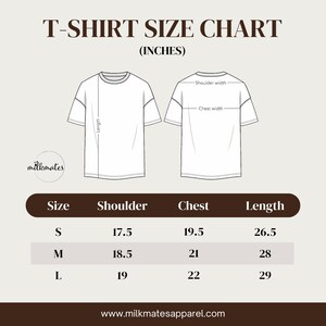 May include: T-shirt size chart in inches. The chart shows the shoulder, chest, and length measurements for sizes S, M, and L.