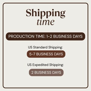 May include: A graphic showing production and shipping times for an online store. The production time is 1-2 business days. Standard shipping takes 5-7 business days. Expedited shipping takes 2 business days.