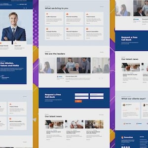 May include: A website design for financial consulting services. The design features a blue and white color scheme with a professional layout. The site includes sections for services, team members, and client testimonials.