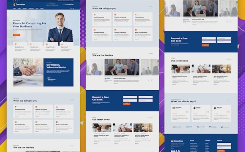 May include: A website design for financial consulting services. The design features a blue and white color scheme with a professional layout. The site includes sections for services, team members, and client testimonials.